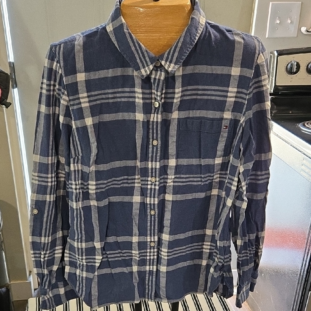 Tommy Hilfiger Blue and White Plaid Shirt